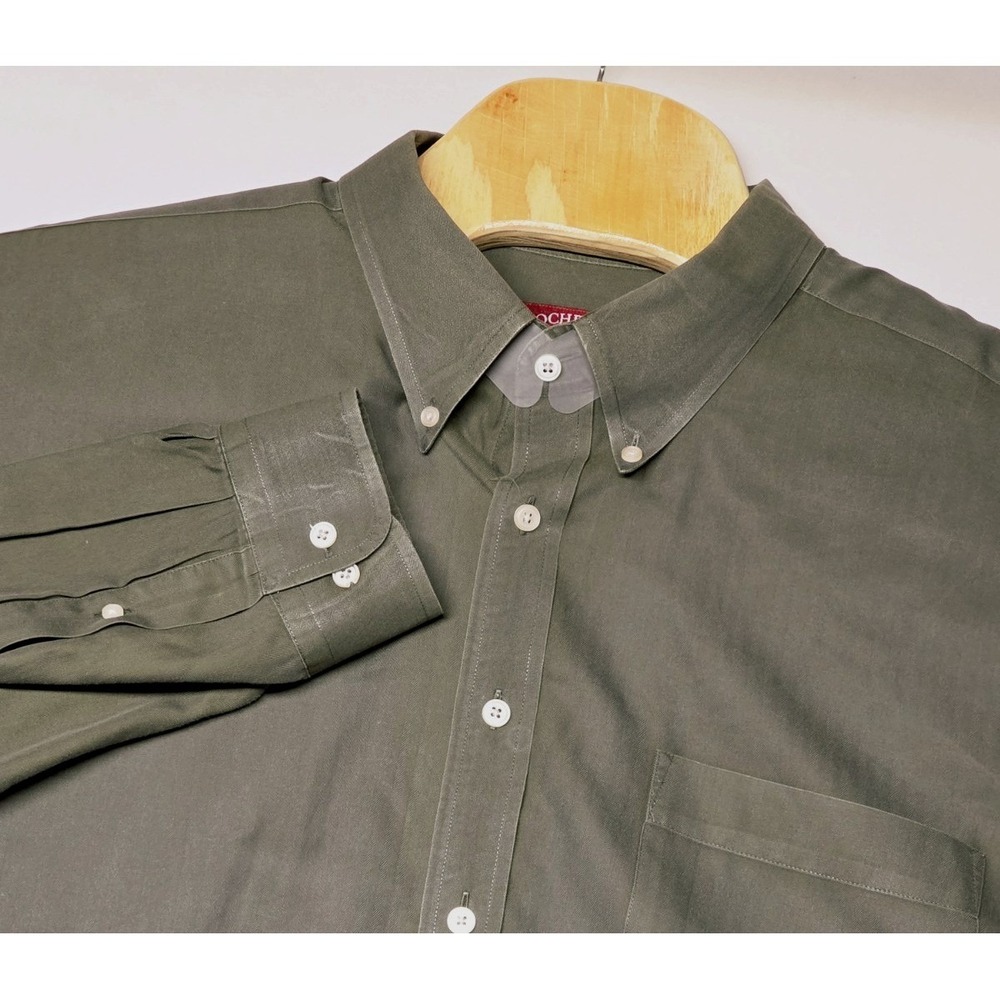 Rochester Button Down Shirt Men's 3X Olive Green Herringbone Cotton Long‎ Sleeve